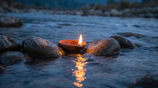 Burning clay lamp on river stones in flowing water at dusk
