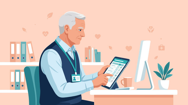 Senior man using tablet at desk, online checklist, digital work, office background