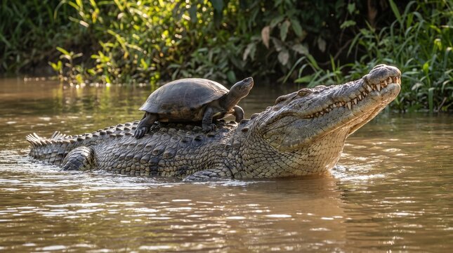 Turtle Riding on Crocodile in Natural River Habitat