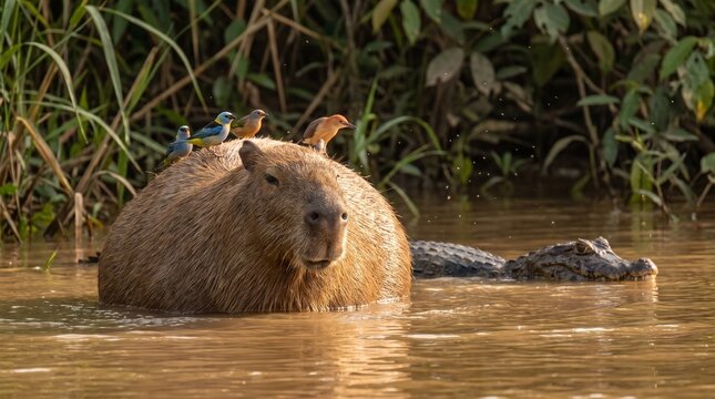 Capybara in river with birds on back in natural habitat