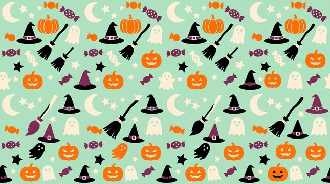Halloween seamless pattern with pumpkins ghosts and witch hats
