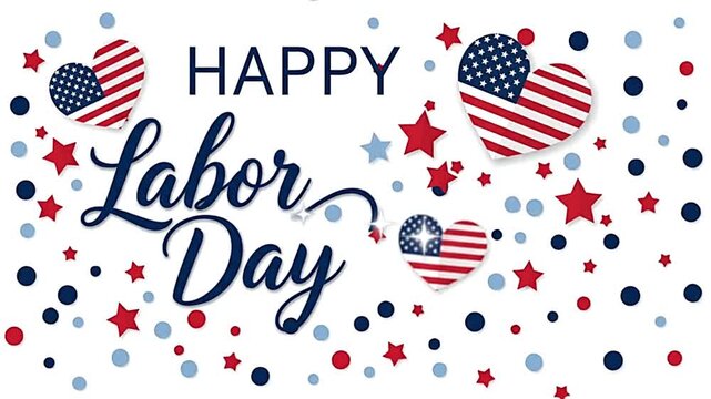 Happy Labor Day celebration background motion with flying confetti and patriotic heart-shaped American flags in this digital video clip