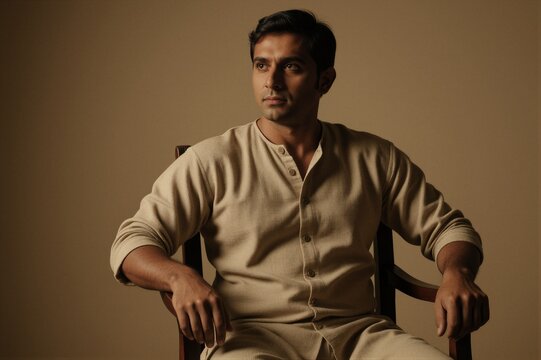 A South Asian historical reenactor exudes pride and cultural heritage in a dimly lit studio setting.