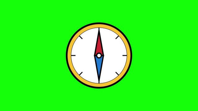 Stylized 2D navigation compass animation icon featuring a gold frame and a red and blue needle on a solid green background for chroma key compositing and motion graphic design.