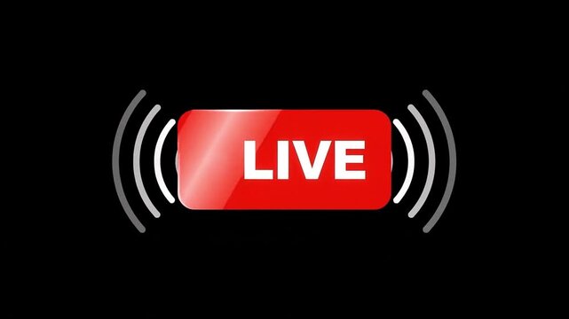 Glowing red live streaming broadcast button on dark background a digital