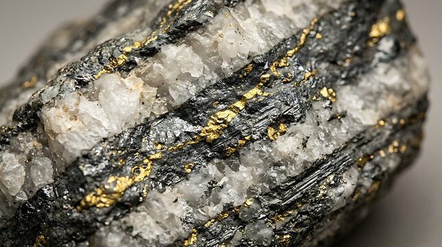 Macro shot of mineral rock with gold veins and quartz crystals
