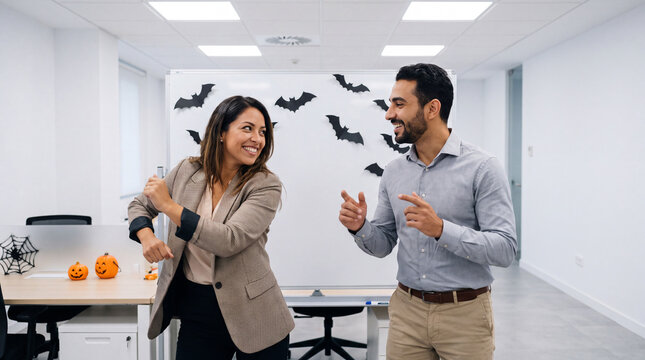 Business partners dancing near bat decorations for cheerful Halloween office meeting and October corporate advertising.