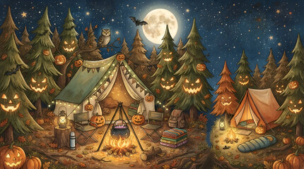 Fototapeta premium Watercolor Spooky Halloween Camping Set Featuring Tent Campfire Jack O Lanterns Owl Bat and Outdoor Gear Isolated on White Background