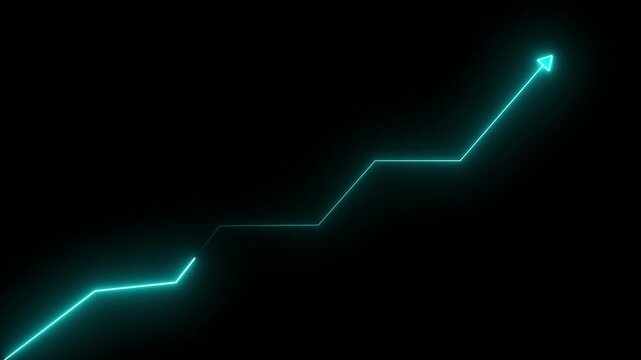 Neon glowing financial growth chart line rising upward on black background, graph business finance