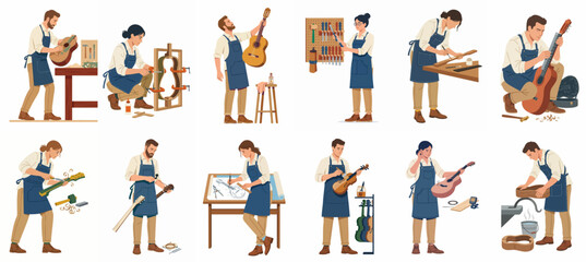 Fototapeta premium Set of vector illustrations depicting professional luthiers crafting, repairing, and tuning various acoustic and electric guitars in a studio workshop environment.
