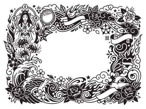 Traditional Japanese tattoo frame featuring Izanami and floral motifs.