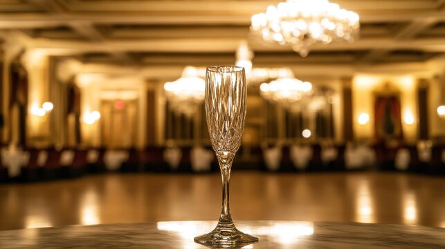 ballroom. An empty ballroom with a grand chandelier and a single champagne flute. bar promotions, beverage menus, designed for food & beverage menus and cafe branding, enhances appetite appeal.