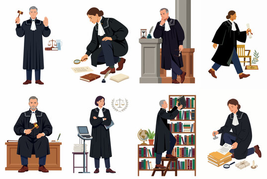 Collection of professional legal characters including judges and lawyers in traditional robes illustrating various courtroom and investigative activities in a flat vector style