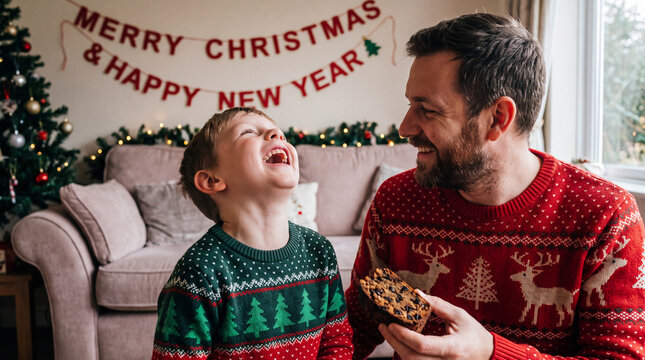 A father and son hold a slice of fruitcake for a joyful Christmas holiday family dessert in a cozy living room.