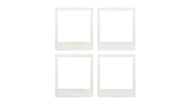 Four blank vintage polaroid photo frames isolated on transparent background