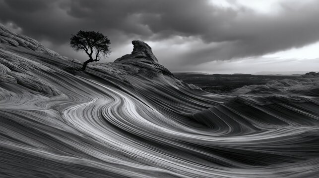 Growth and Resilience Solitary Tree on Wave Rock Formation Under Stormy Sky