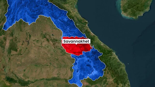 Animated geographic map clip highlighting Savannakhet province within Laos