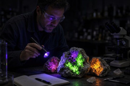 A researcher studies glowing rocks in a dark lab setting.