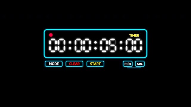 Neon digital countdown timer interface on black background
