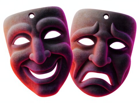 Comedic and tragic masks side by side highlighting contrasting facial expressions for branding and design projects