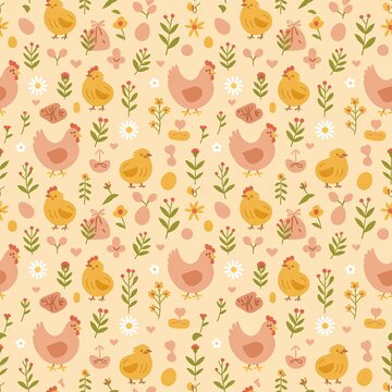 Seamless pattern with cute chickens chicks and spring flowers in flat 2d vector style
