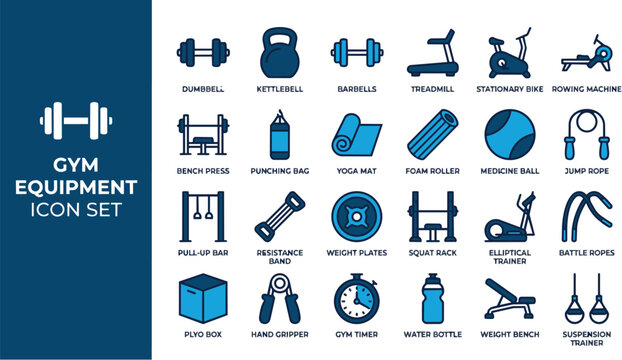 Flat gym equipment icon set illustration
