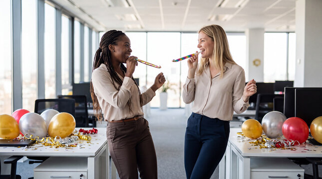 Colleagues dancing with noisemakers for playful New Year office celebration and January marketing.