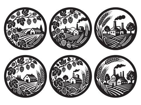Brewery landscape vector set with hop and barley silhouettes