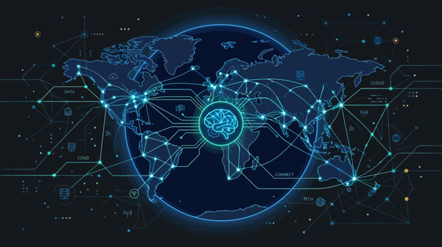 Global digital network connectivity with artificial intelligence brain icon on world map background.