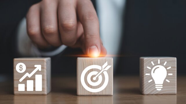 A professional business concept image featuring wooden blocks with business icons representing strategy, target, and ideas