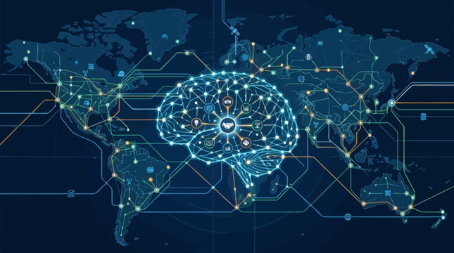 Glowing digital human brain representation with interconnected neural network nodes and lines symbolizing artificial intelligence and cognitive computing.