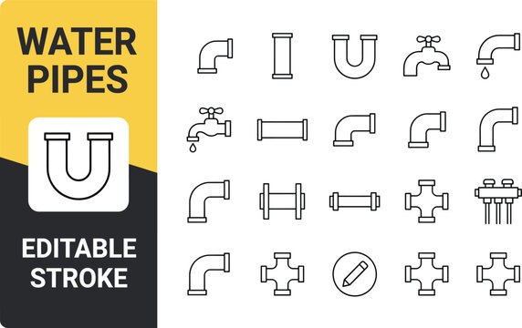 Water pipe fittings and plumbing connection icons set with editable stroke vector design