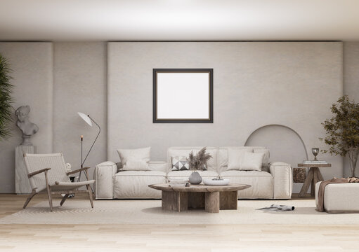Minimalist Japandi living room interior with blank picture frame mockup, organic modern furniture and warm neutral home decor