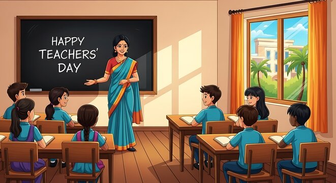 Teacher celebrating happy teachers day with students in classroom