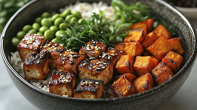 Healthy Vegan Buddha Bowl Glazed Tofu Roasted Sweet Potatoes Edamame Rice Concept Background 3D Render   