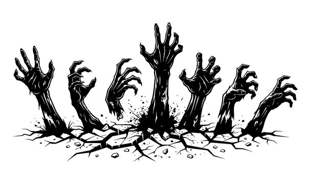 Zombie hands rising from ground spooky halloween silhouette vector element background graphic illustration design