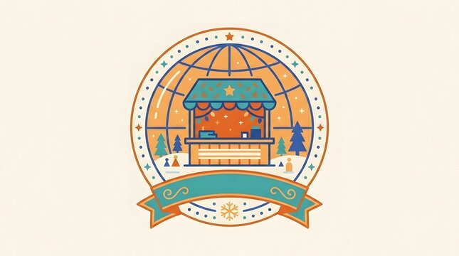 Winter Holiday Market Badge Graphic Featuring a Festive Small Shop Stall with Seasonal Pine Tree Decorations and Decorative Ribbon Banner