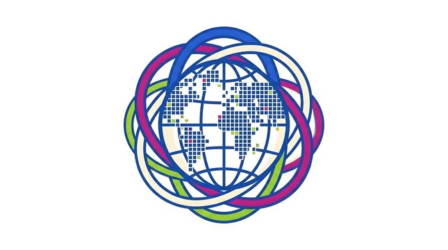 Digital World Globe with Colorful Interlocking Rings Representing Global Connectivity and Technology