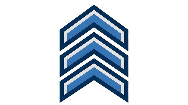Blue triple chevron graphic element depicting military rank insignia or corporate career progression icons on a white background