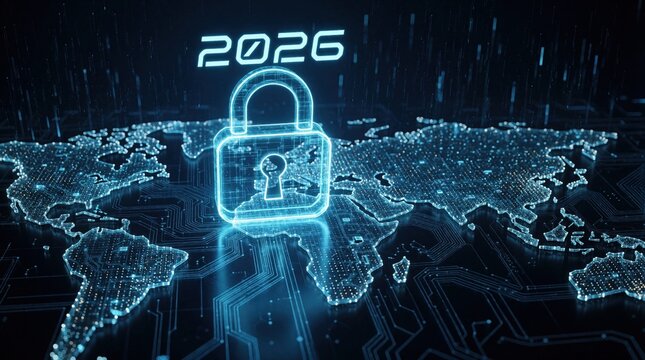 Global digital map with glowing lock icon and 2026 text. Represents future cyber security and data protection trends for international networks and systems.