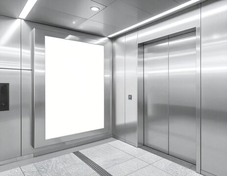 Blank white billboard mockup inside a modern stainless steel elevator lobby.