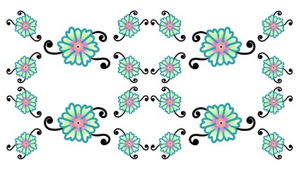Seamless floral pattern with stylized teal and pink flowers and black swirling vines. © Willy