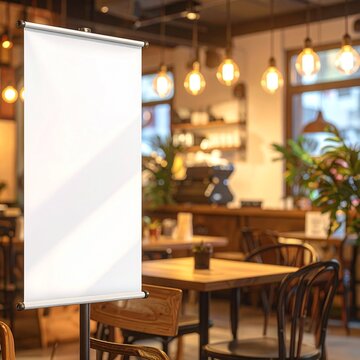 Empty white vertical roll up banner stand mockup in a blurred cafe interior.