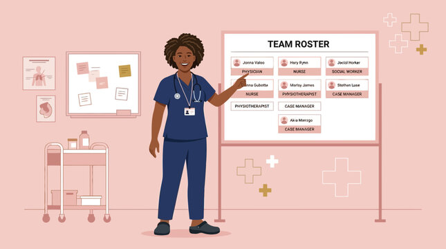 Nurse points to team roster on whiteboard, medical concept illustration