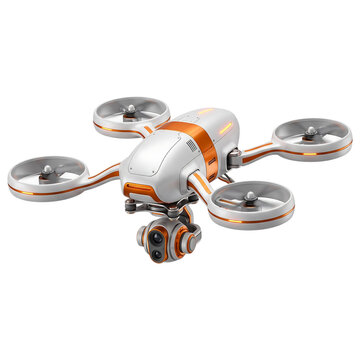 Modern Autonomous White and Orange Quadcopter Drone Isolated transparent background