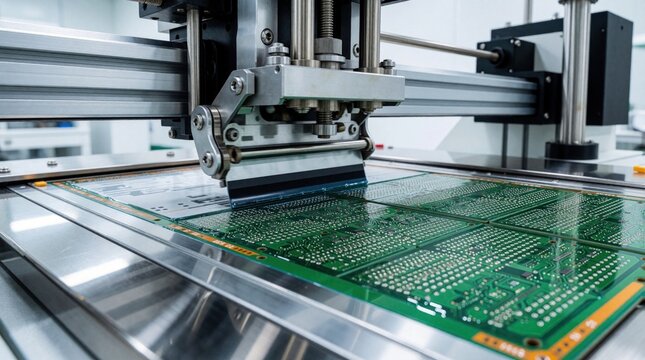 Industrial stencil printer machine applies solder paste on green printed circuit boards. Automated SMT production line uses high precision equipment for electronics manufacturing. High tech factory