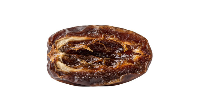 Dried date fruit cut in half, pitted medjool date with sticky texture, sweet brown organic snack isolated on white background