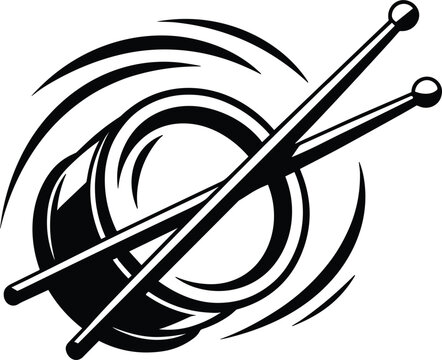 Dynamic acoustic drum and crossed drumsticks logo design featuring black high contrast stylized speed lines