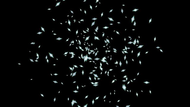 Abstract Diamond particle explosion and glowing crystal shards dispersing on black background
