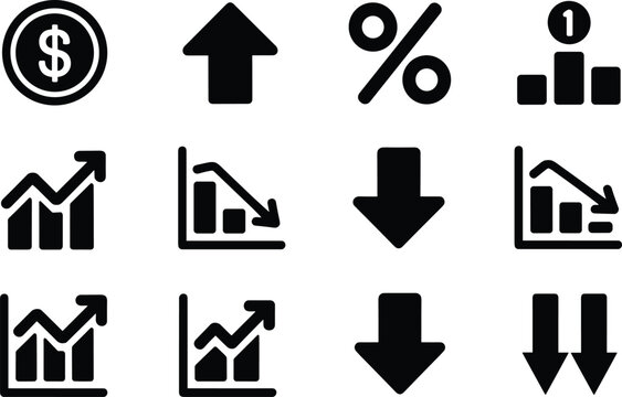 Financial market business glyph icon set featuring stock market trend arrows bar charts and percentage symbols